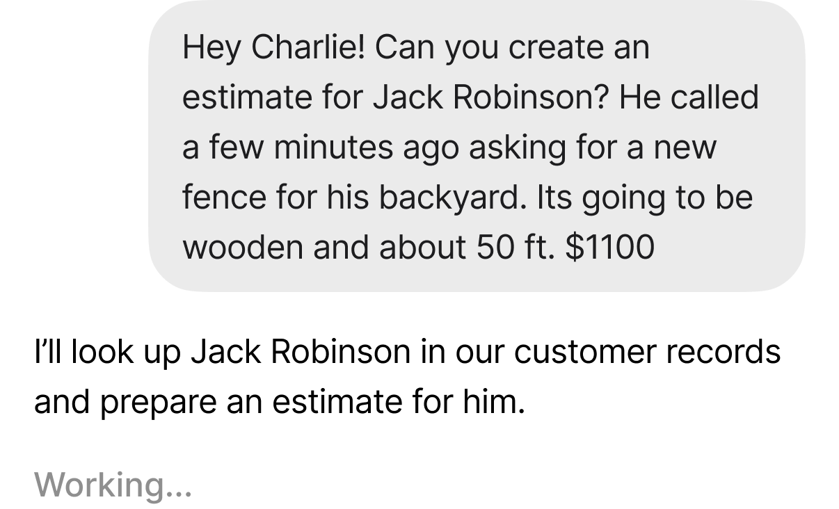 A message asking the agent to create an estimate from the customer and job details