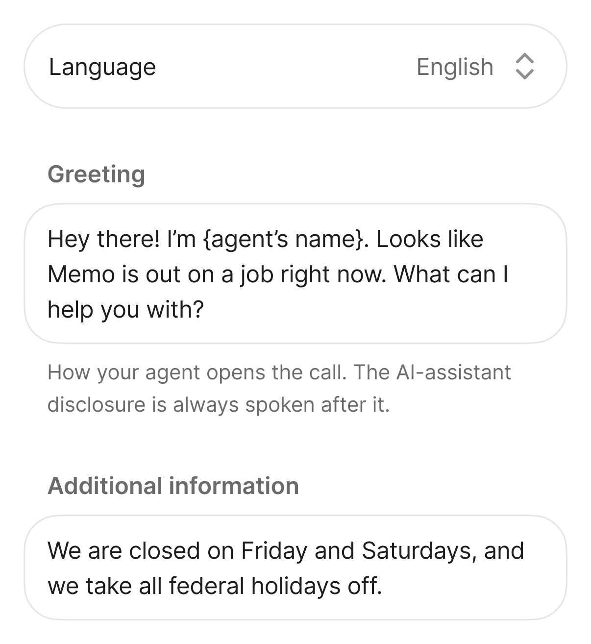 Agent settings with language, greeting, and business information